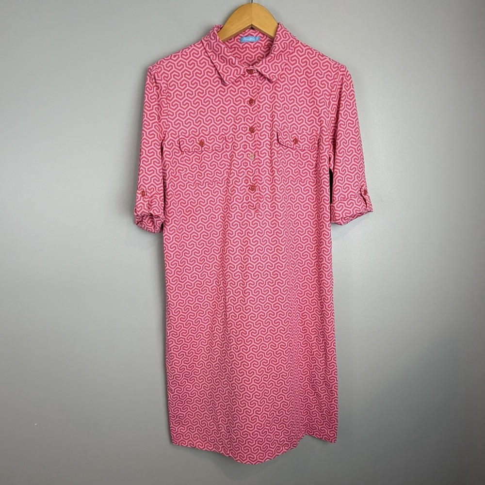 J McLaughlin Womens Large Pink Geo Print Shirt Dress Roll Tab Sleeve Catalina